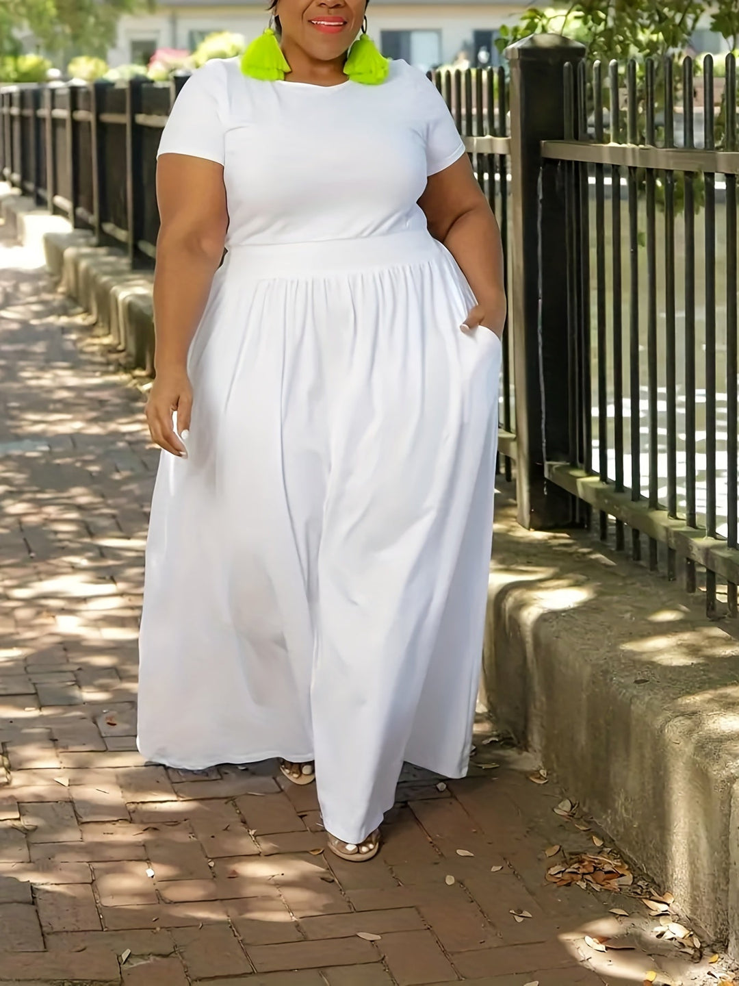 Women's plus size flowy short sleeve maxi dress, perfect for summer comfort.