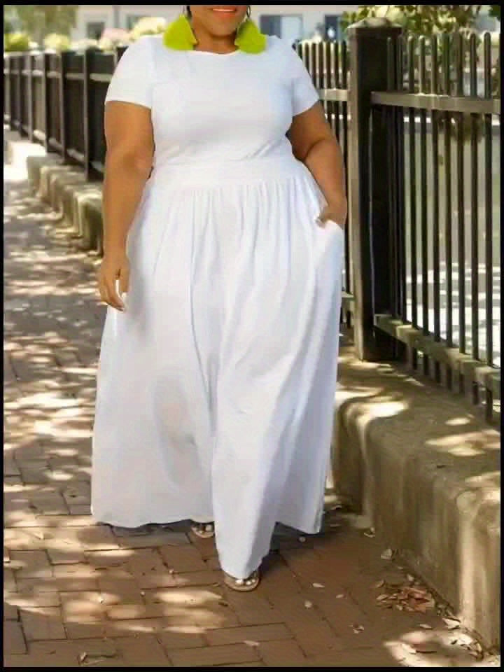 Women's plus size flowy short sleeve maxi dress, perfect for an elegant casual look.