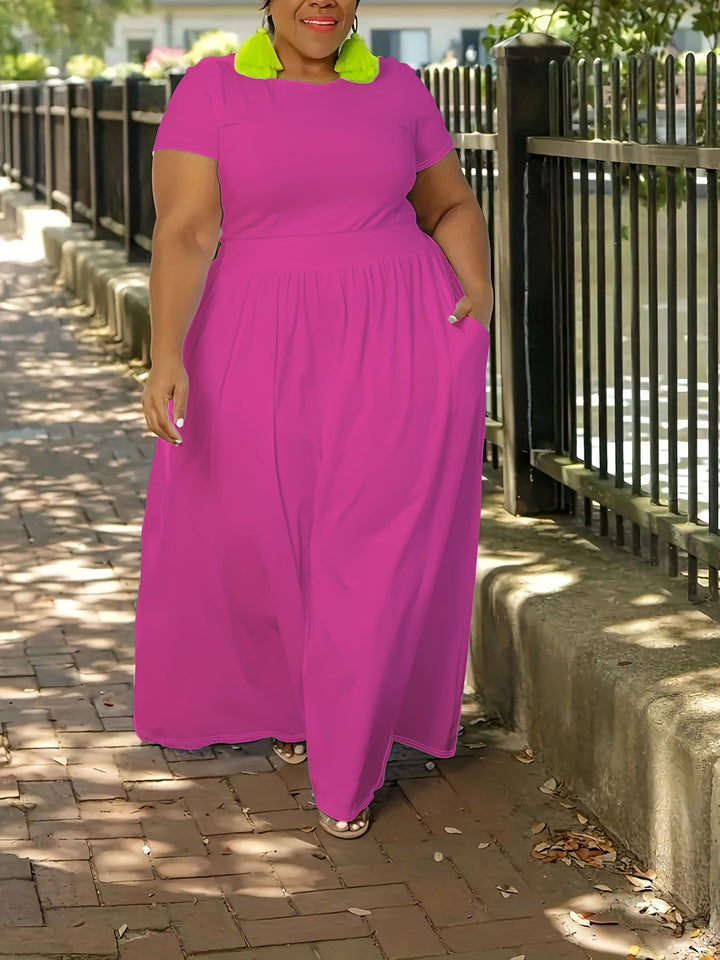 Plus size summer maxi dress with flowy short sleeves, perfect for warm weather.