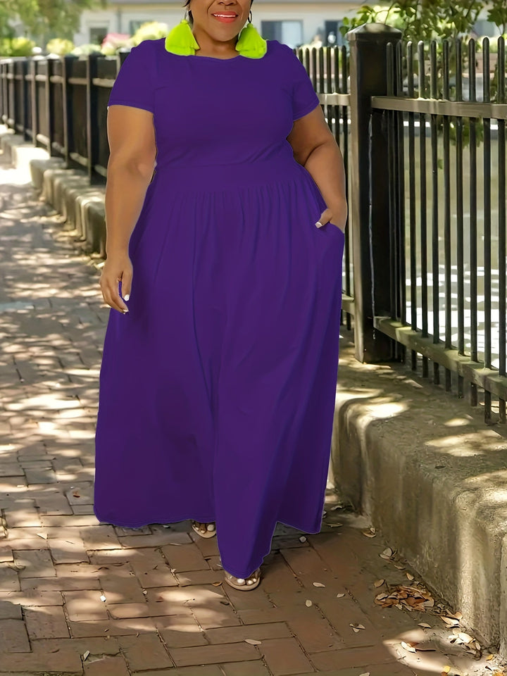 Vacation-ready women's plus size flowy short sleeve maxi dress, elegant and relaxed.