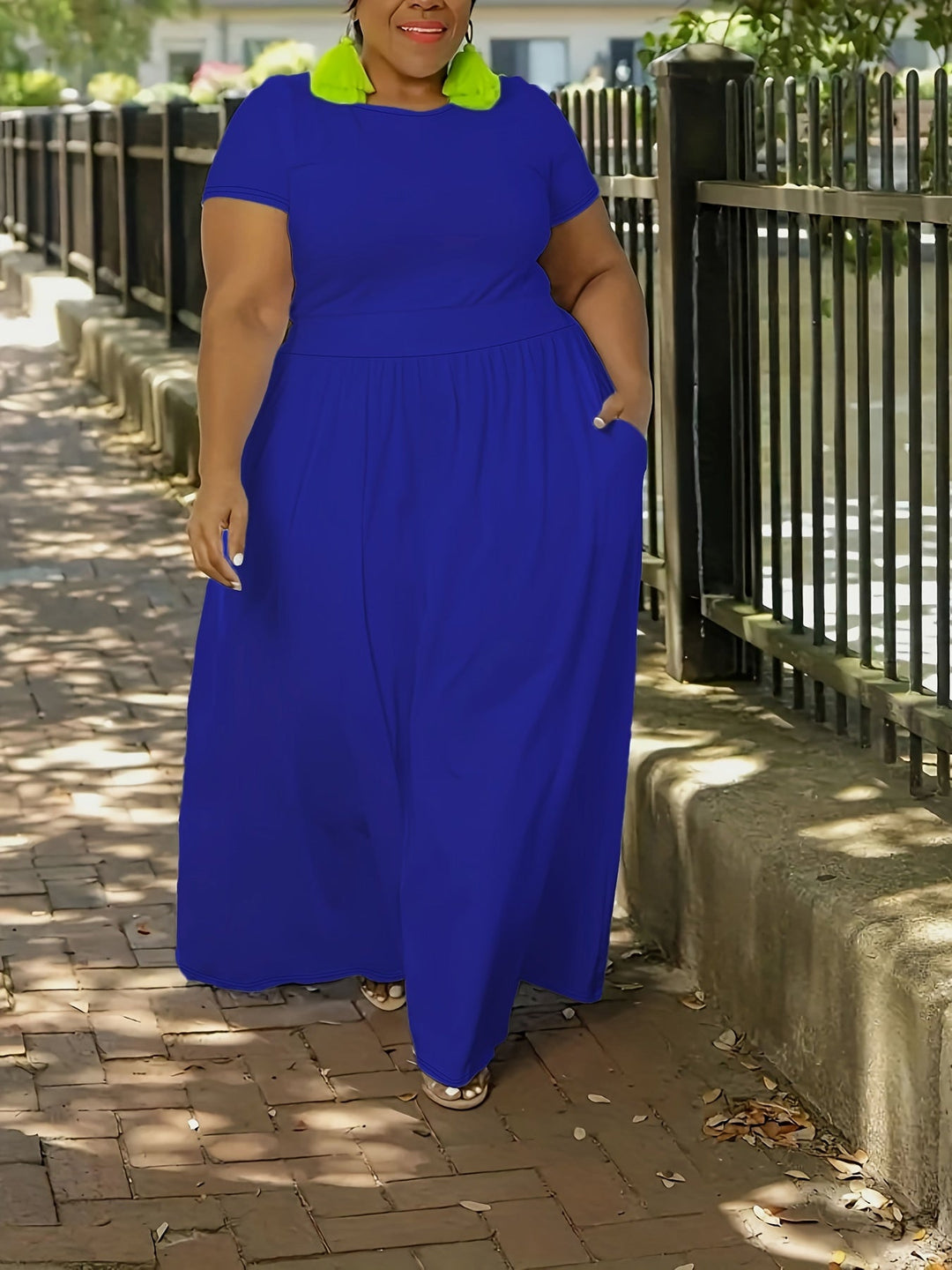 Plus size short sleeve flowy maxi dress for women, flattering and comfortable.