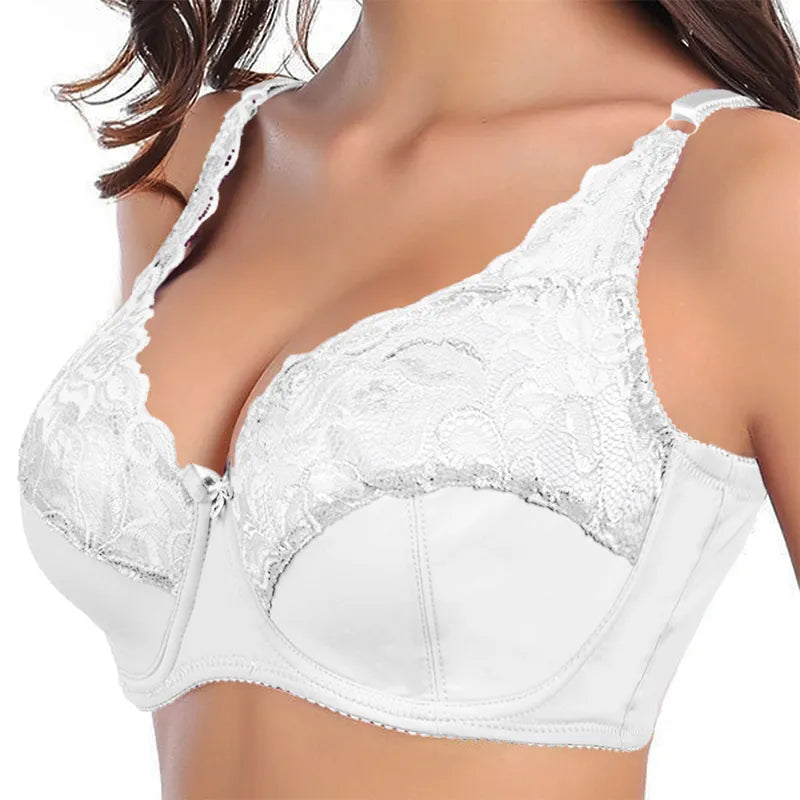 Black plus-size lace push-up bra, enhancing cleavage with delicate floral lace design & firm support.