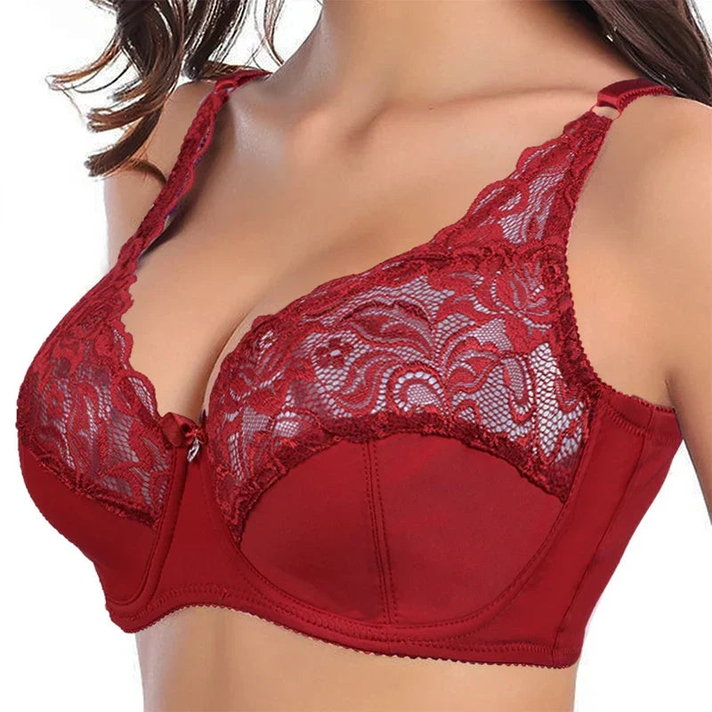 Chic plus-size intimates: red lace push-up bra, combining style, lift, and ultimate comfort for women.
