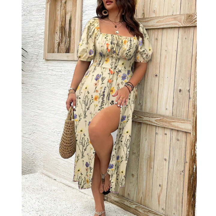 Modest plus size maxi dress for women, featuring elegant puff sleeves and a comfortable, long design.