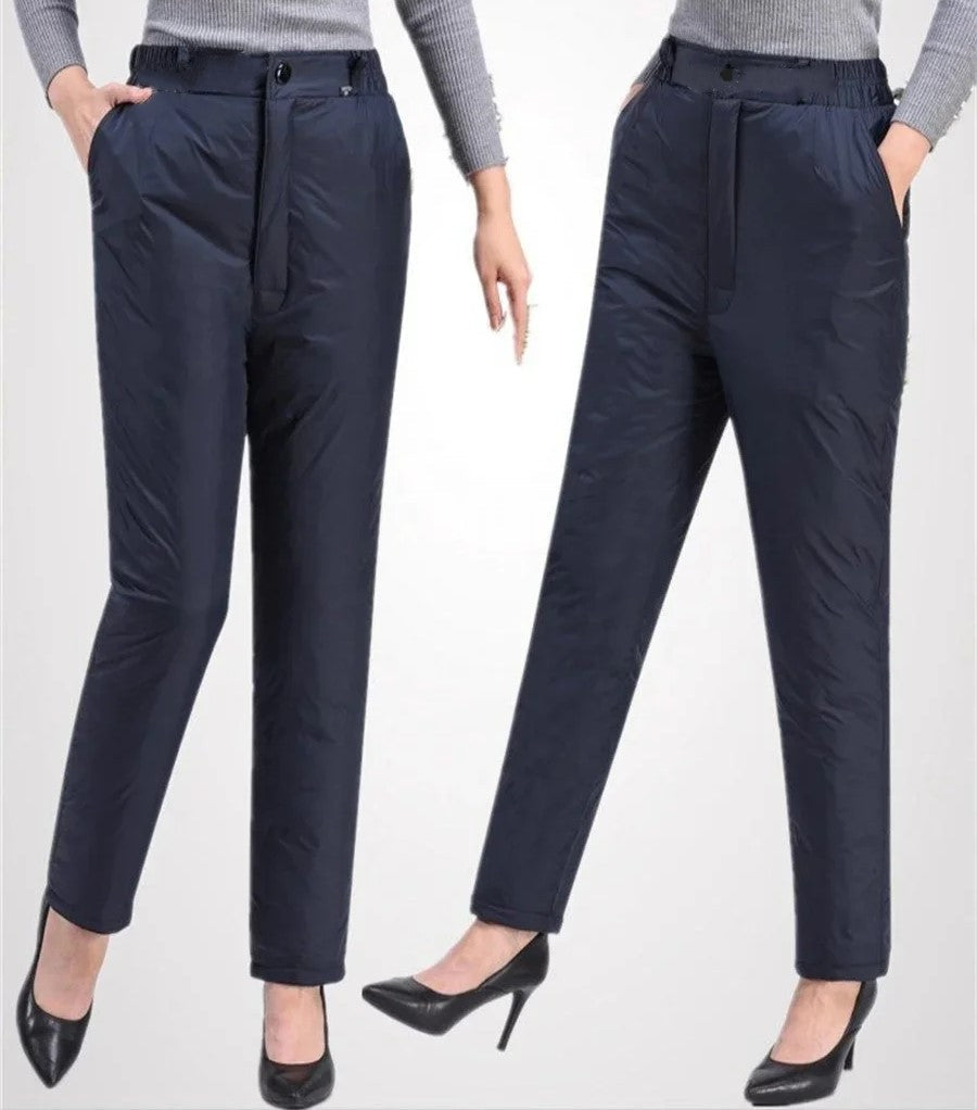 Women's plus size straight leg down pants, ultimate winter warmth & comfort for cold weather.