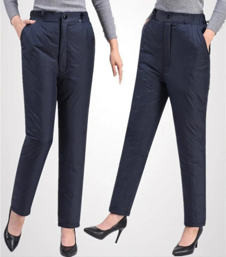 Women's plus size straight leg down pants, ultimate winter warmth & comfort for cold weather.