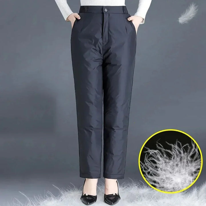 Comfortable plus size women's straight leg down pants, warm & stylish for fall/winter.