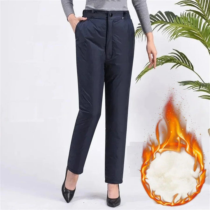 Warm women's plus size straight leg winter down trousers for casual, comfortable wear.