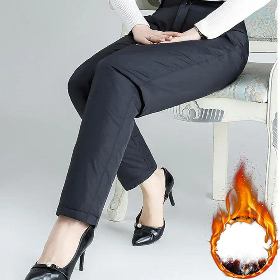 Comfortable women's plus size straight leg down pants, versatile for winter & cold weather.