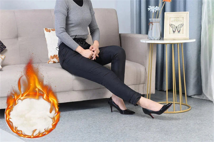 Plus size straight leg down trousers for women, ensuring warmth & style in winter & fall.