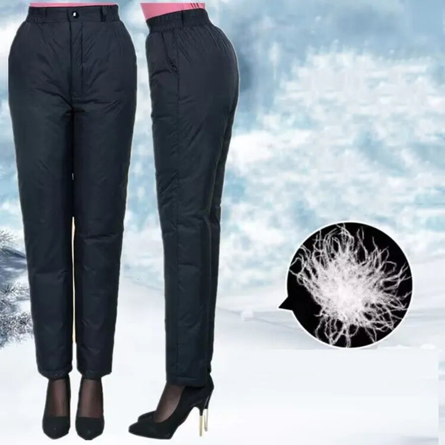 Versatile women's plus size straight leg down pants, perfect for cold weather warmth.
