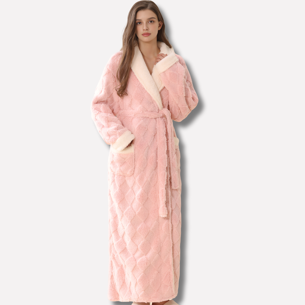 Women's plush hooded full-length robe, ultimate comfort. Cozy loungewear for winter relaxation & bath.