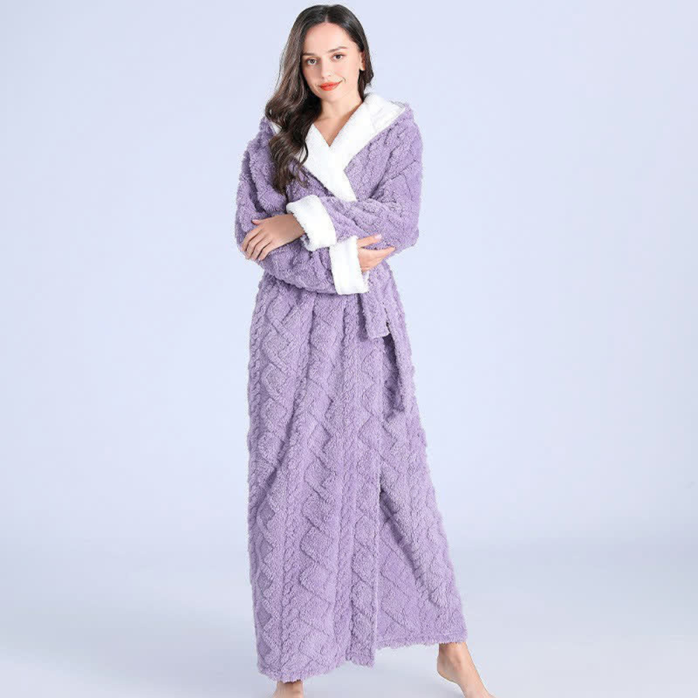 Luxurious women's plush hooded full-length robe. Comfortable & warm for winter, perfect bath robe & loungewear.