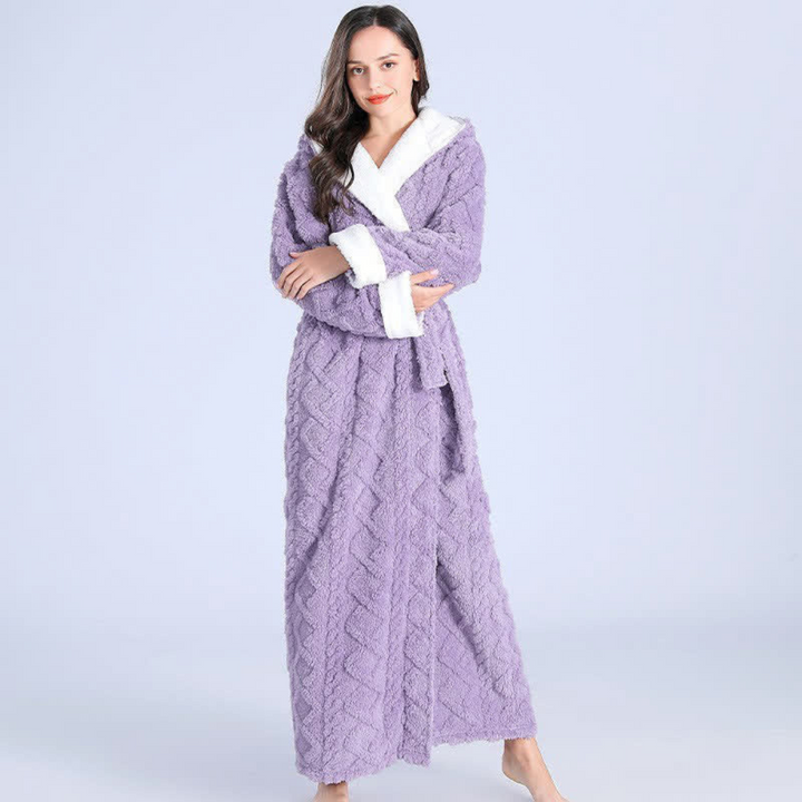 Luxurious women's plush hooded full-length robe. Comfortable & warm for winter, perfect bath robe & loungewear.