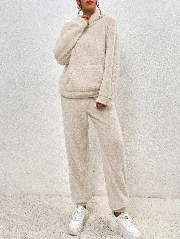 Relaxation outfit: women's cozy plush hoodie and matching pants set. Ideal for fall fashion & winter essentials.