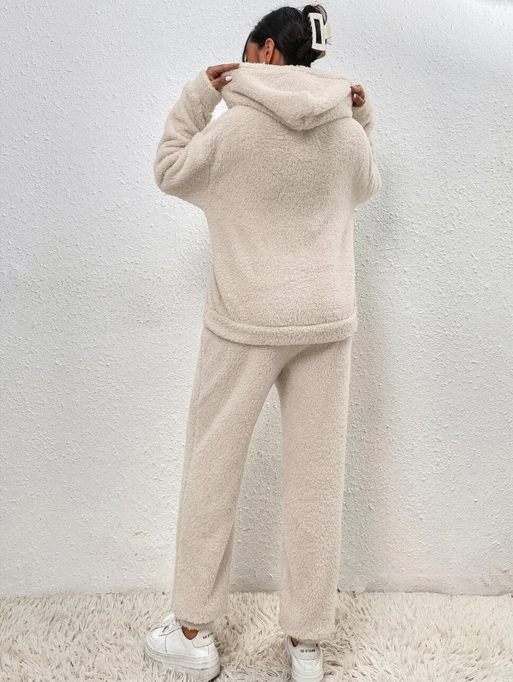 Front view of women's plush loungewear set. Ultimate comfort hoodie and pants for cozy home wear.