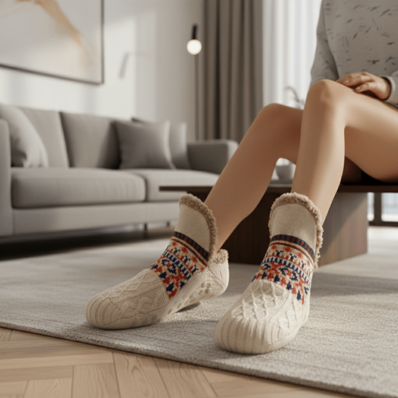 Soft plush women's slipper socks, ideal for warm, cozy indoor comfort & winter relaxation.
