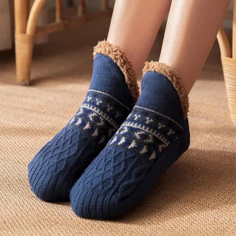 Warm women's plush slipper socks with non-slip grips, essential for cozy winter evenings & indoor comfort.