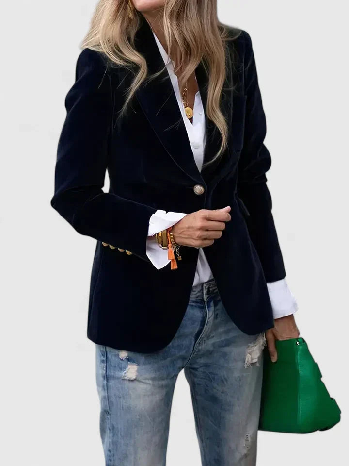 Women's plush single-breasted blazer with elegant gold buttons. Perfect for office wear or smart casual.