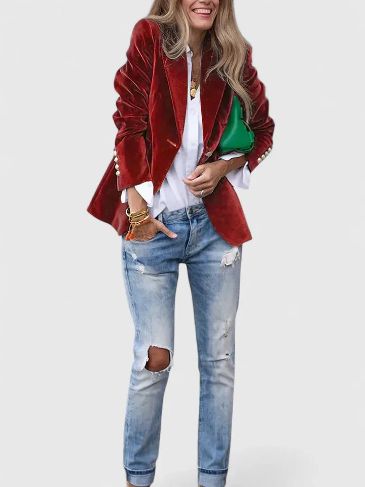 Professional women's plush blazer with a single-breasted front and eye-catching gold buttons for a polished look.