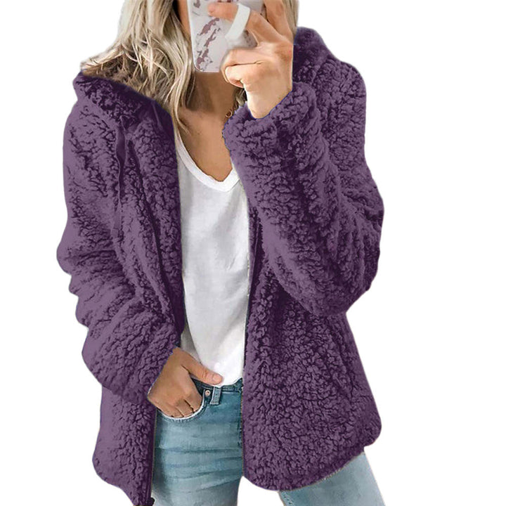 Soft plush teddy women's jacket with zipper. Offers cozy comfort, perfect for stylish fall & winter fashion.