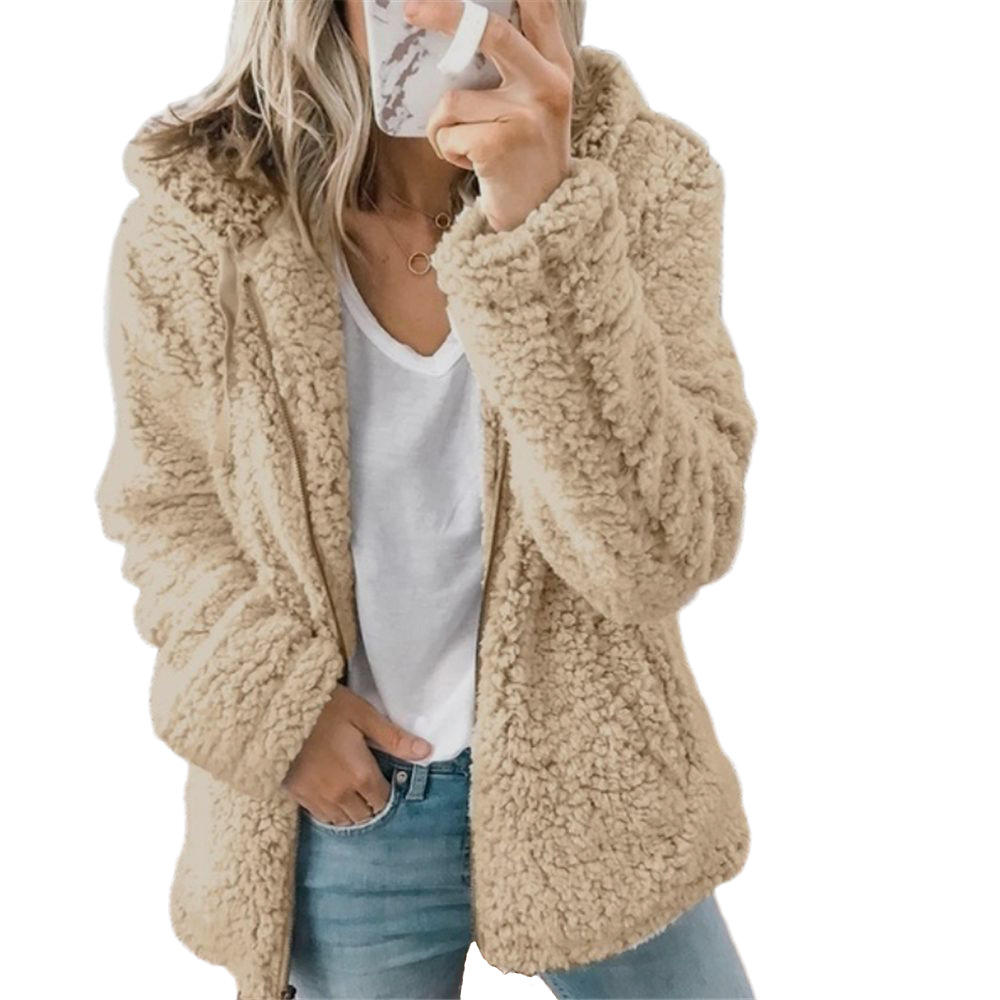Stylish women's teddy bear jacket, ideal for fall & winter fashion. Cozy plush outerwear for casual chic.