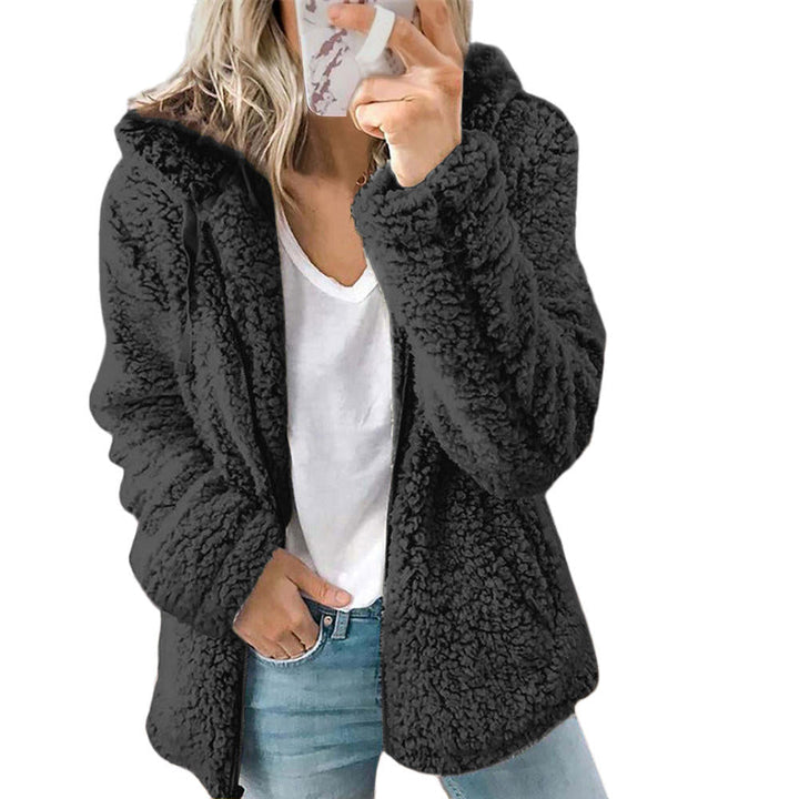 Cozy women's plush teddy zipper jacket. Soft comfort & stylish design for everyday fall/winter wear.