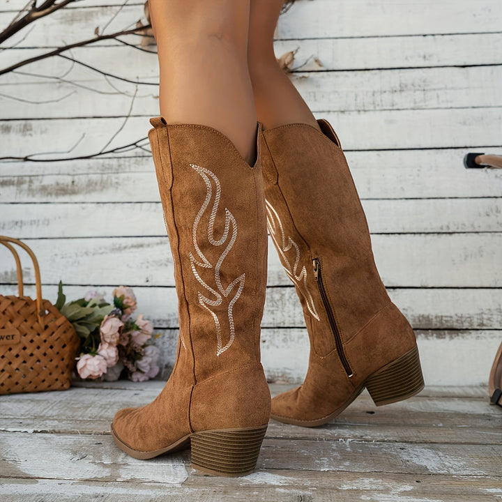 Comfortable block heel cowboy boots for women, showcasing a chic pointed toe & authentic Western flair.