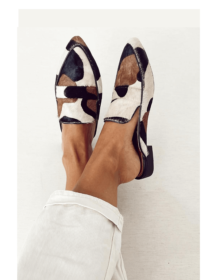Women's pointed toe orthopedic comfort loafers with animal print, arch support, and slip-on design.