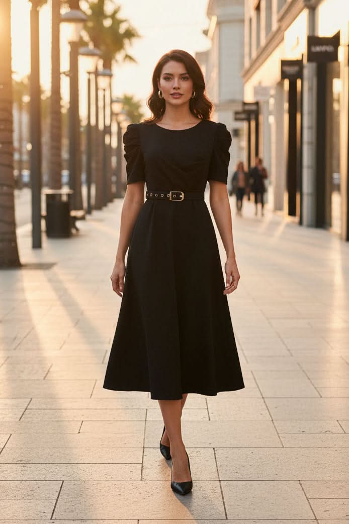 Women's polished belted midi dress, elegant V-neck fit-and-flare style, perfect for work or cocktail events.