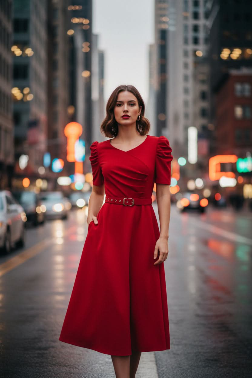 Stylish women's midi dress with polished belted waist & ruffle sleeves, ideal for spring & summer elegant wear.