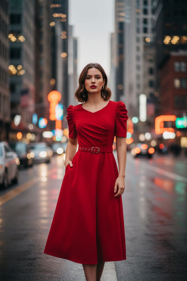 Stylish women's midi dress with polished belted waist & ruffle sleeves, ideal for spring & summer elegant wear.
