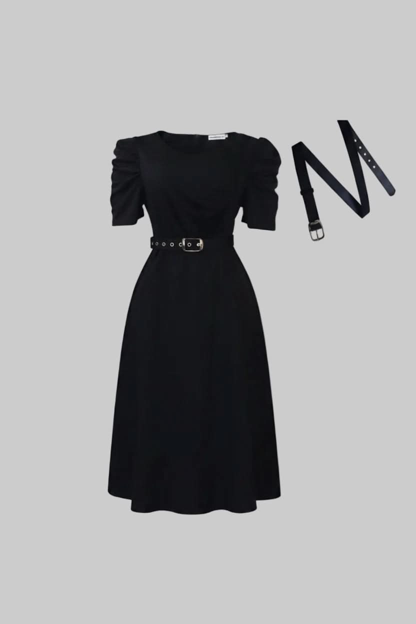 Elegant women's belted midi dress with V-neck & ruffle sleeves, polished fit-and-flare for any occasion.