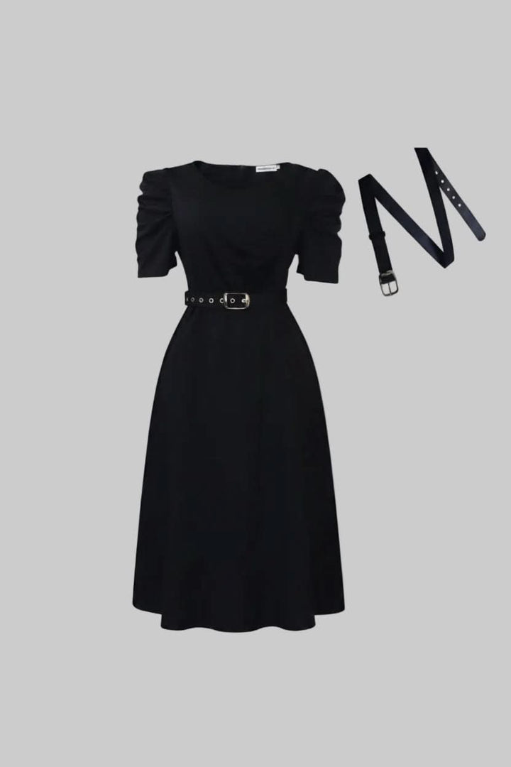 Elegant women's belted midi dress with V-neck & ruffle sleeves, polished fit-and-flare for any occasion.