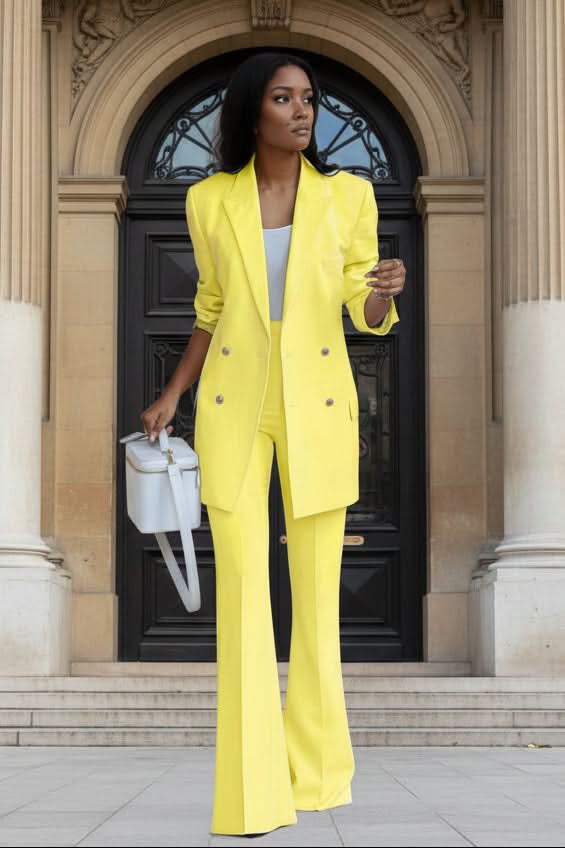 Front view of a tailored women's blazer & trousers matching set, ideal for sophisticated business attire.