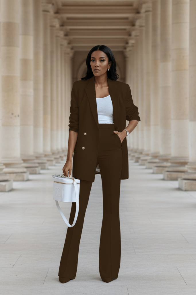 Detailed shot of a women's professional blazer and matching tailored trousers suit combo.