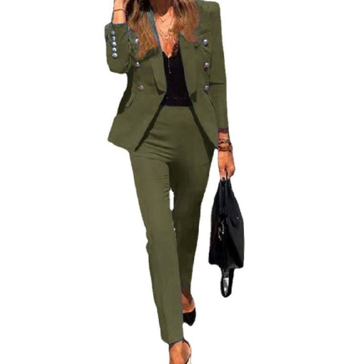 Polished women's double-breasted blazer and sophisticated tailored pants suit set, perfect for office and events.