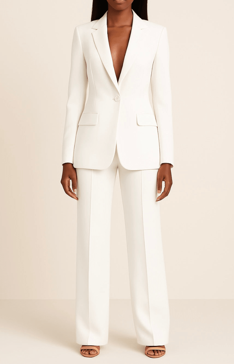 Close-up of a sophisticated women's tailored power suit, showcasing polished fabric for professional elegance.