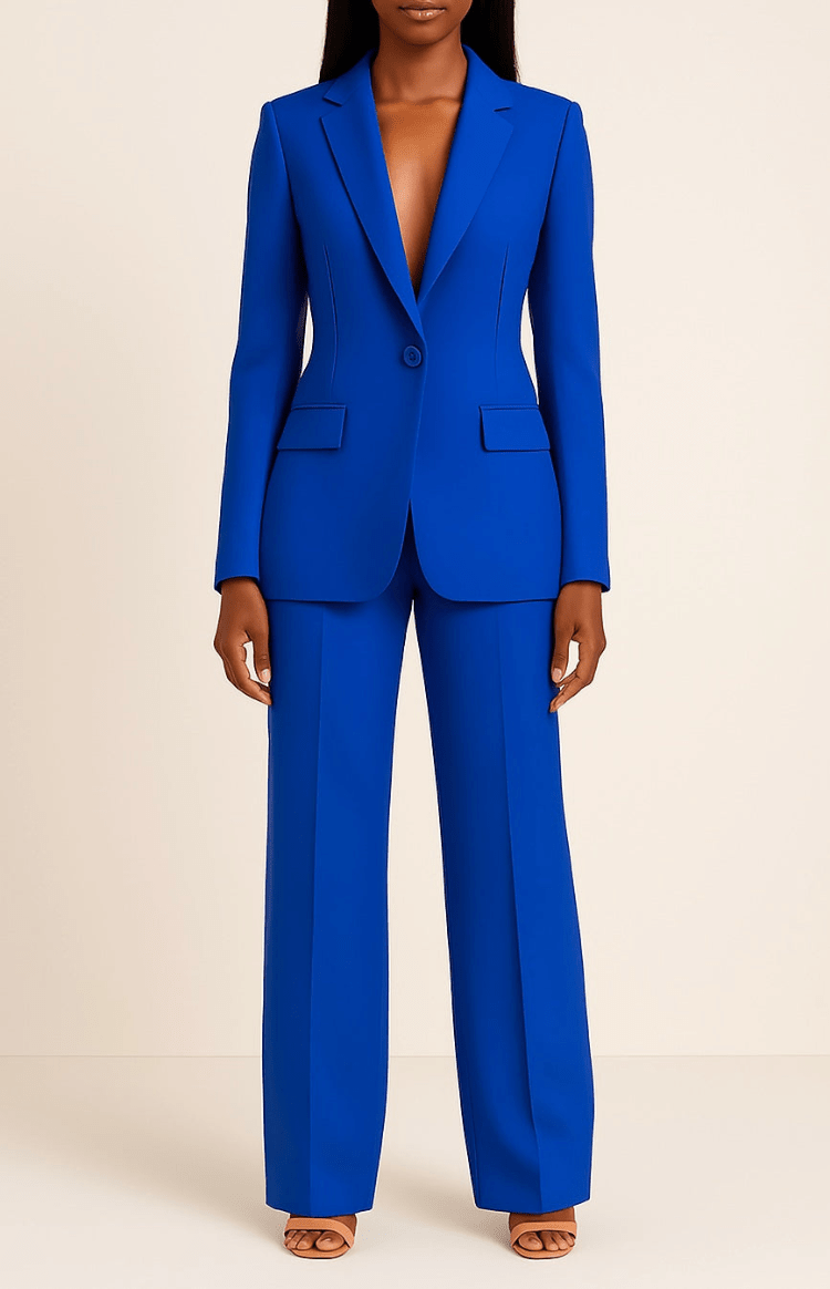 Full-body view of a stylish women's tailored business suit set, designed for modern professional wear and office chic.