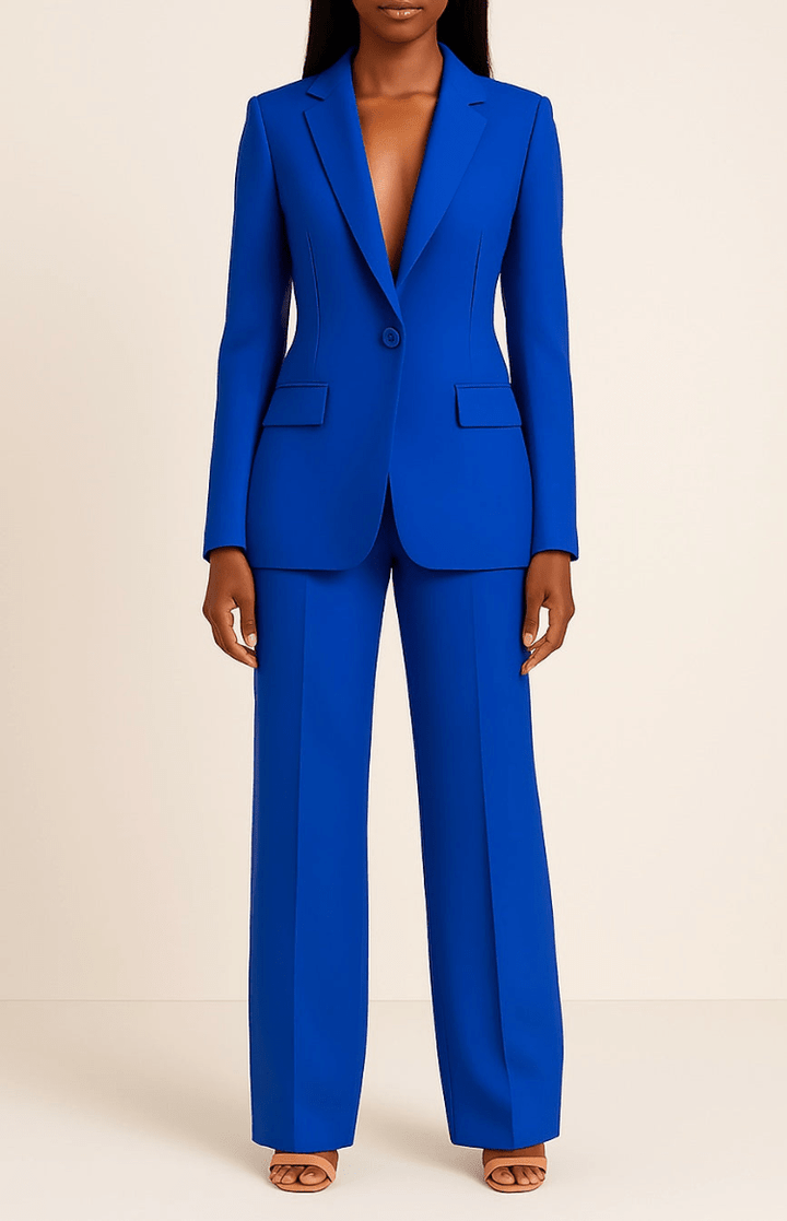 Full-body view of a stylish women's tailored business suit set, designed for modern professional wear and office chic.