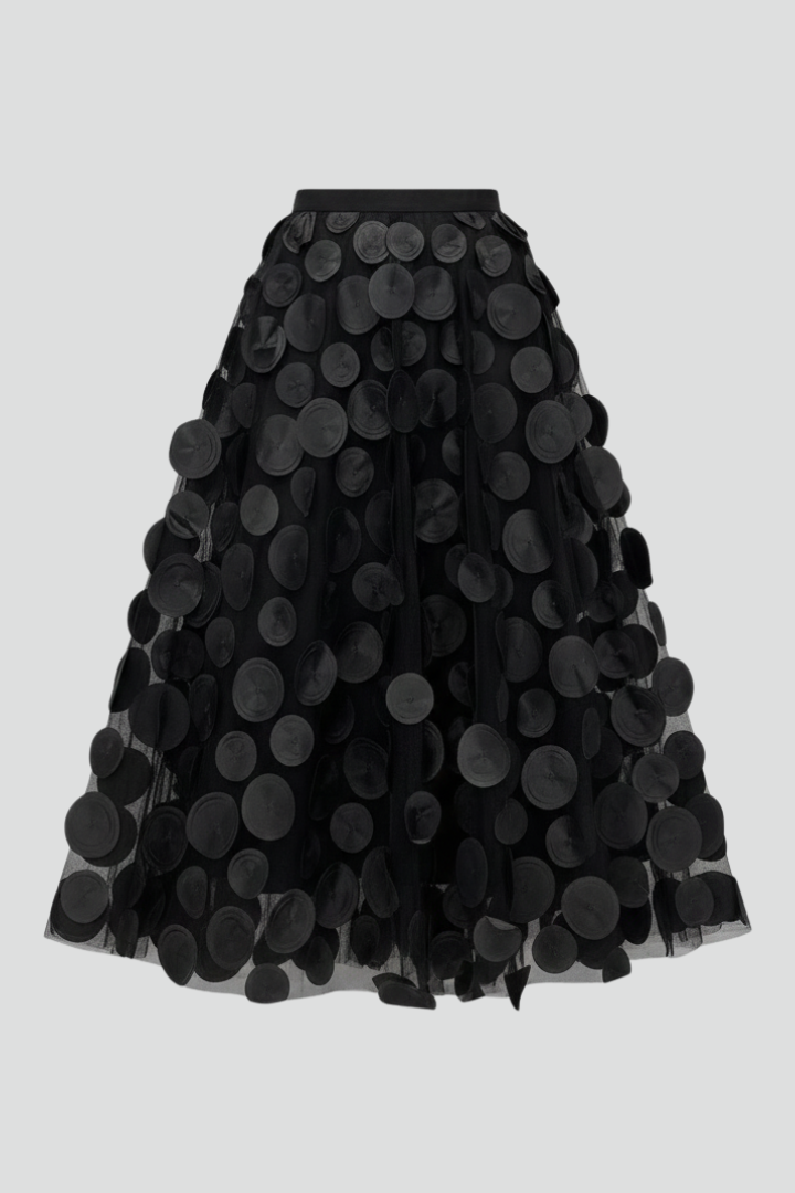 Women's polka dot full skirt with elastic waist. Flowy A-line for casual chic summer style.