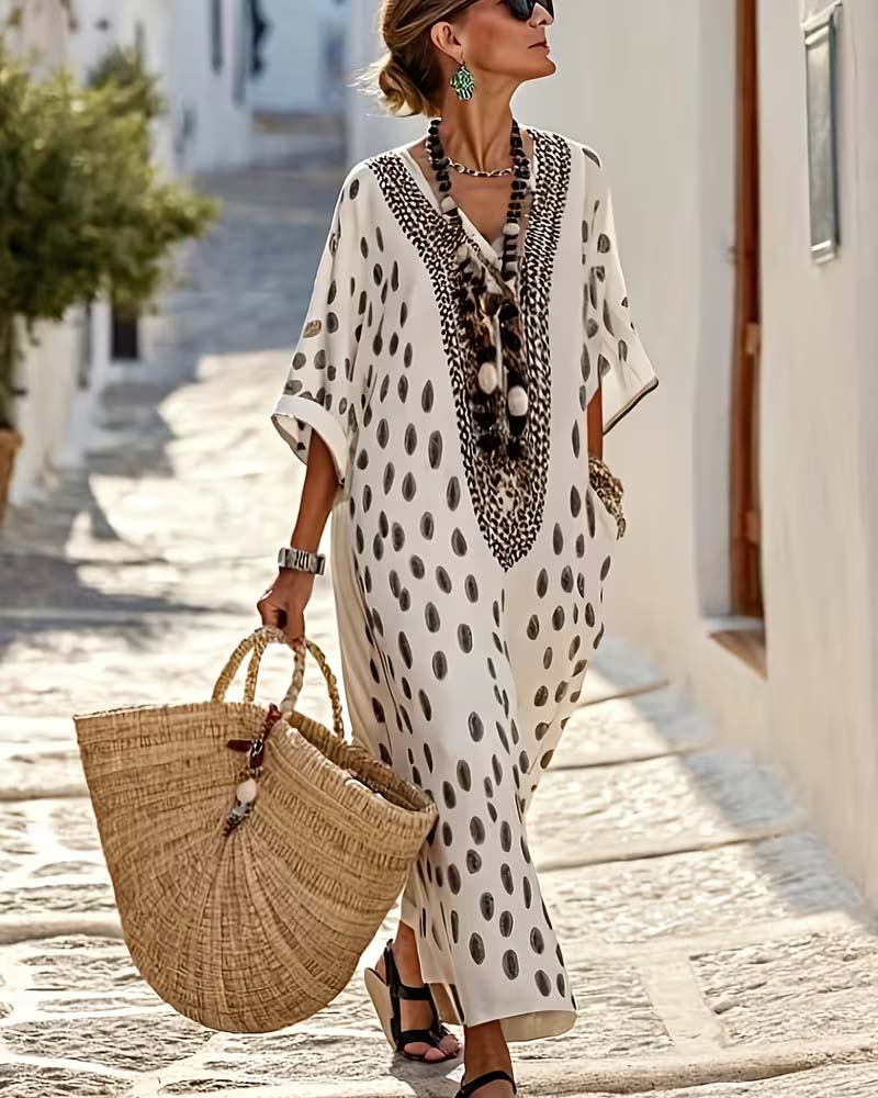 Women's Polka Dot Maxi Kaftan Dress with V-neck, perfect for summer vacation or casual boho style.