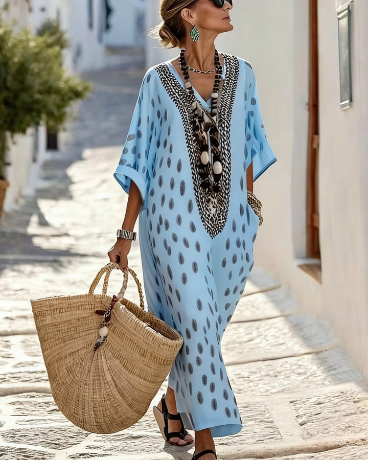 Flowy Polka Dot Maxi Kaftan Dress for women, ideal as a casual summer or vacation dress with effortless style.