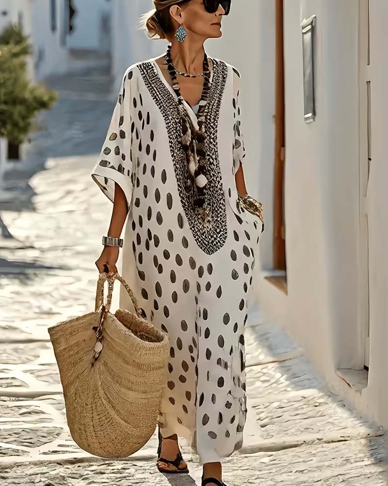 Chic women's Polka Dot Maxi Kaftan Dress, a versatile V-neck summer dress for vacation or casual wear.