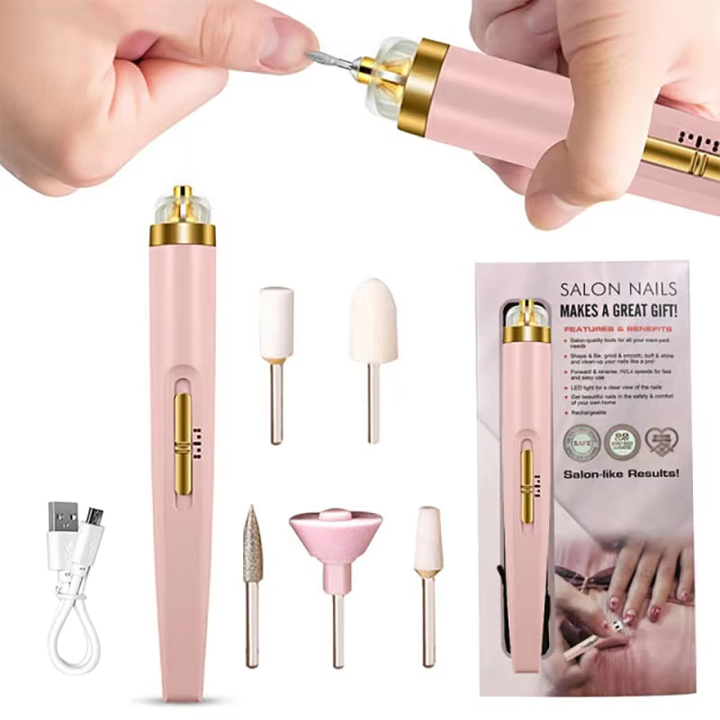 Women's portable electric nail buffer & manicure kit for salon-quality nail care at home.