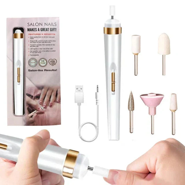 Electric nail buffer with specialized attachment for safely removing gel polish and prepping nails.