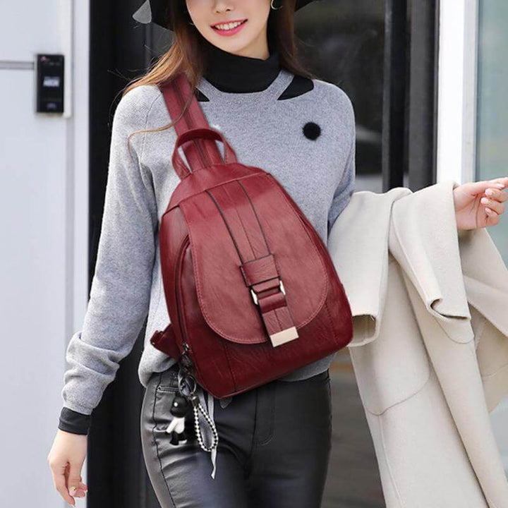 Elegant water-resistant women's leather backpack, perfect for modern urban living.