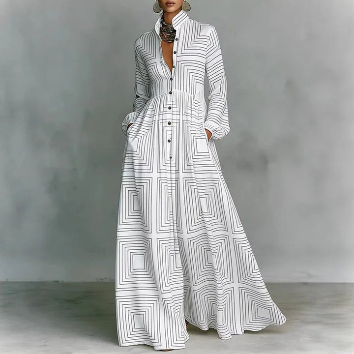 Women's printed bohemian maxi dress with long sleeves and a high waist, perfect for summer casual wear.