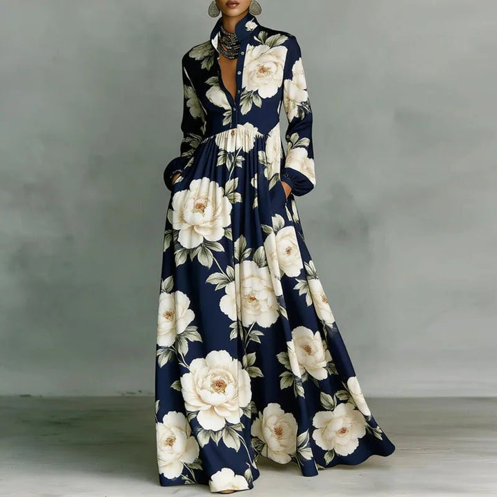 Stylish women's bohemian maxi dress with a unique print, long sleeves, button front, and flattering high waist.