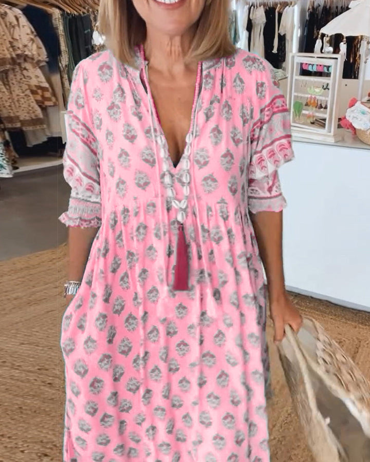 Comfortable casual women's printed bohemian midi dress, ideal for everyday wear, lantern sleeves.